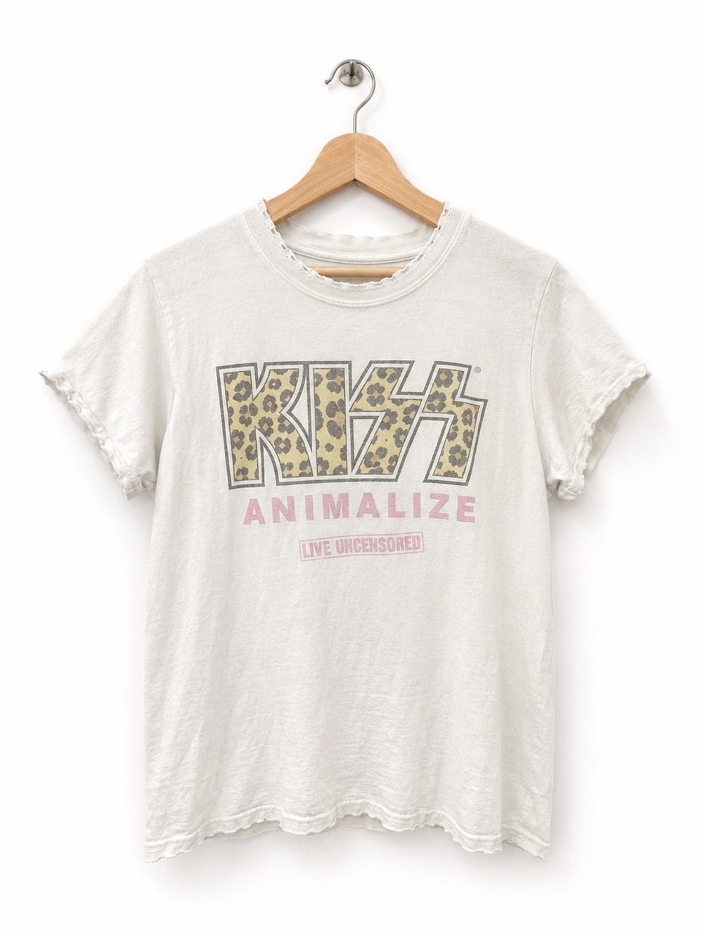 Kiss White Tee with Leopard-Print Logo and Pink Accents